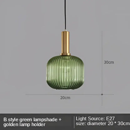 Modern nordic pendant lights with green ribbed glass led shade and golden metal holder for dining room use