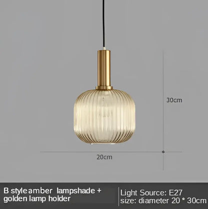 Modern nordic amber glass led pendant light with golden metal holder and vertical ridges for dining room lighting