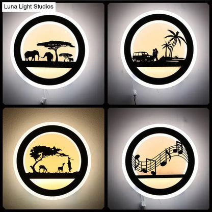 Modern nordic wall light with shelf featuring black silhouette cutouts and warm backlight with bulb included