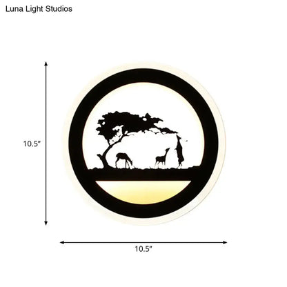 Modern nordic circular led wall light with black acacia tree silhouette and deer design bulb included for bedroom use