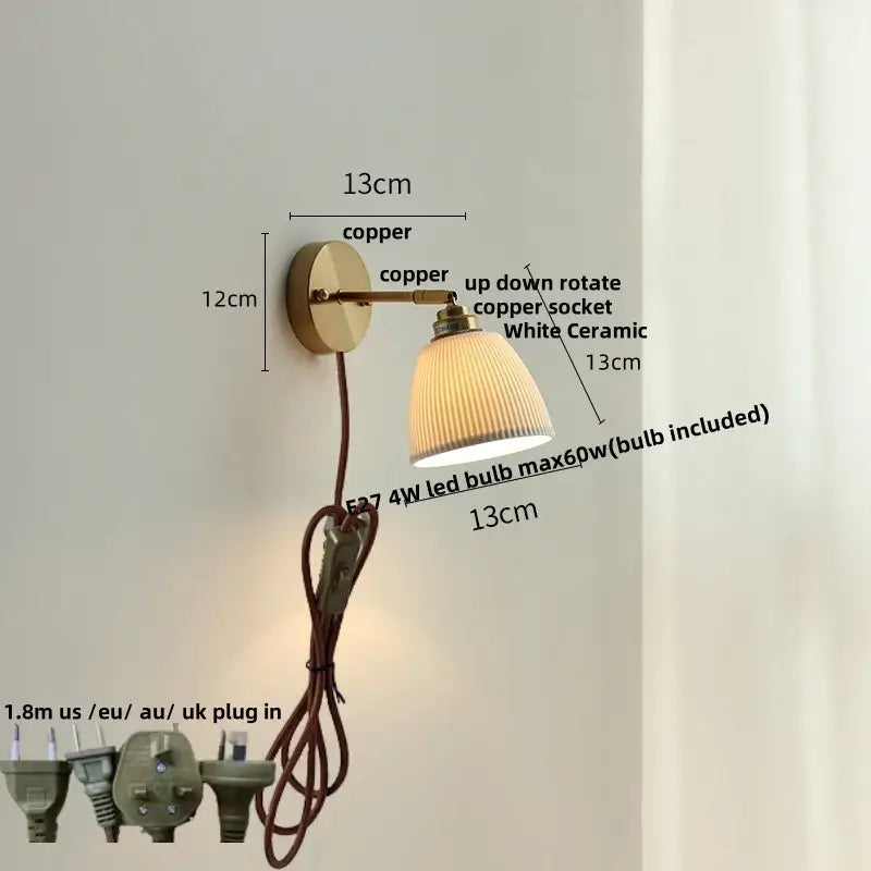Copper-finished modern nordic wall lights with white ceramic ribbed lampshade and up-down rotating socket decorbites ceramic wall