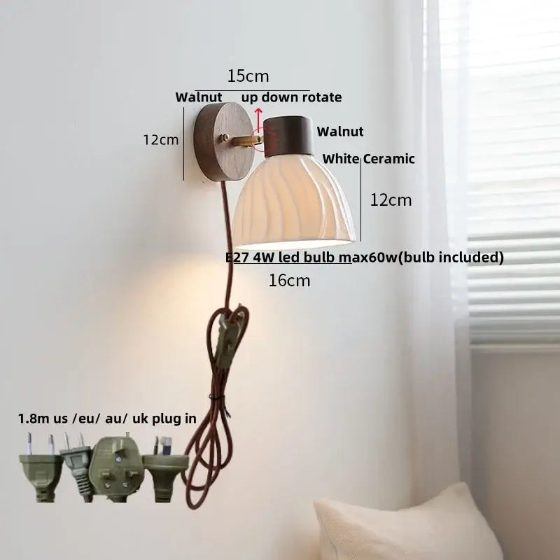 Modern nordic wood led wall light fixture with walnut base and adjustable white ceramic shade for bedroom decorbites led wall