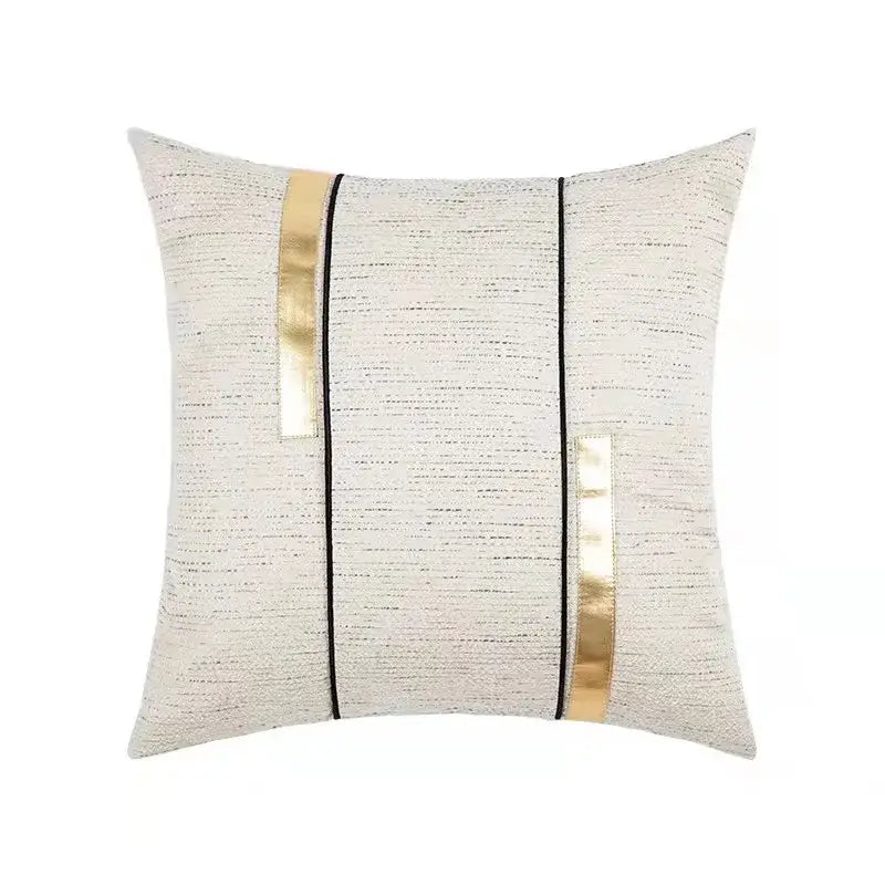 Modern off-white textured cushion cover with two gold metallic stripes and black stripe jaquard piping for living room decorbites black stripe