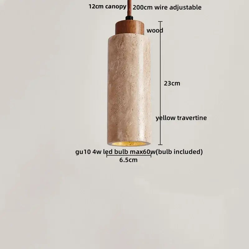 Modern off white cave stone led pendant light with textured yellow travertine body wooden canopy for dining room decorbites cave stone
