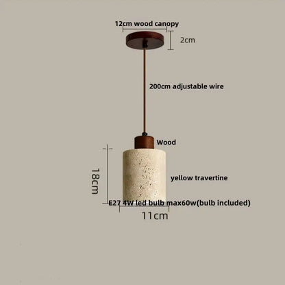 Modern off white cave stone led pendant light with cylindrical yellow travertine shade wooden canopy and adjustable wire