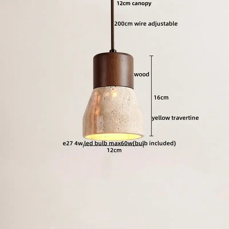 Modern pendant light with dark wood canopy and textured yellow travertine shade decorbites cave stone led design