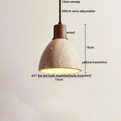 Modern off white cave stone led pendant light with warm yellow travertine shade and dark wood canopy by decorbites cave stone