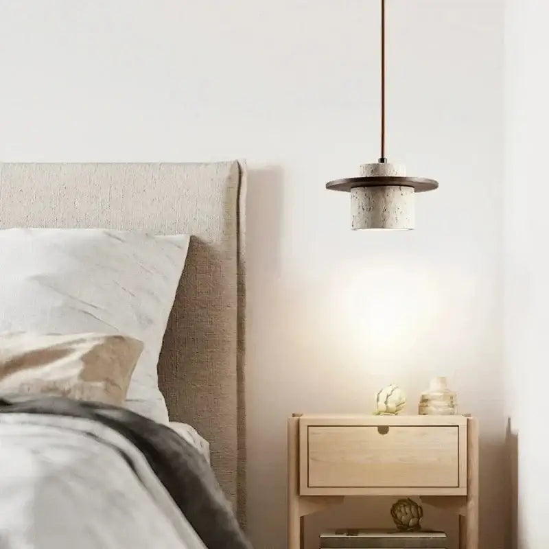 Modern off white stone and wood pendant light with textured concrete body and led bulb for softer decorative lighting