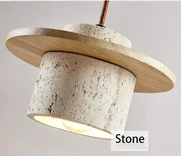 Modern off white stone and wood pendant light with cylindrical body and flat wooden disc shade for dining room use