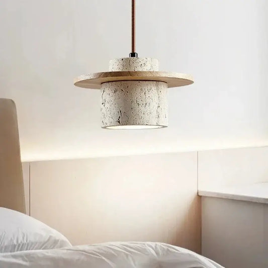 Modern off white stone and wood pendant light with textured concrete body and warm wooden disc for dining room led bulb use