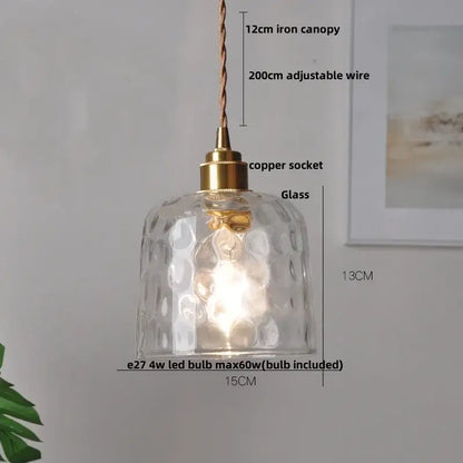 Modern olive green and copper glass led pendant lamp with clear hammered glass, brass copper socket, and iron canopy