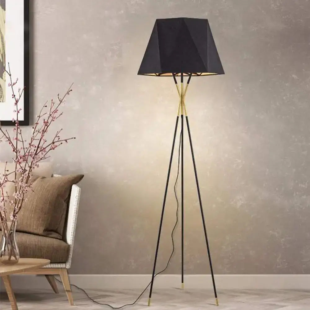 Decorbites modern black metal floor lamp with black geometric lampshade gold accents tripod base 110v-120v