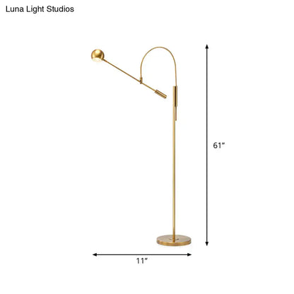 Gold-finished floor lamp with slender curved arm and dual lighting heads 110v-120v for modern living room decor
