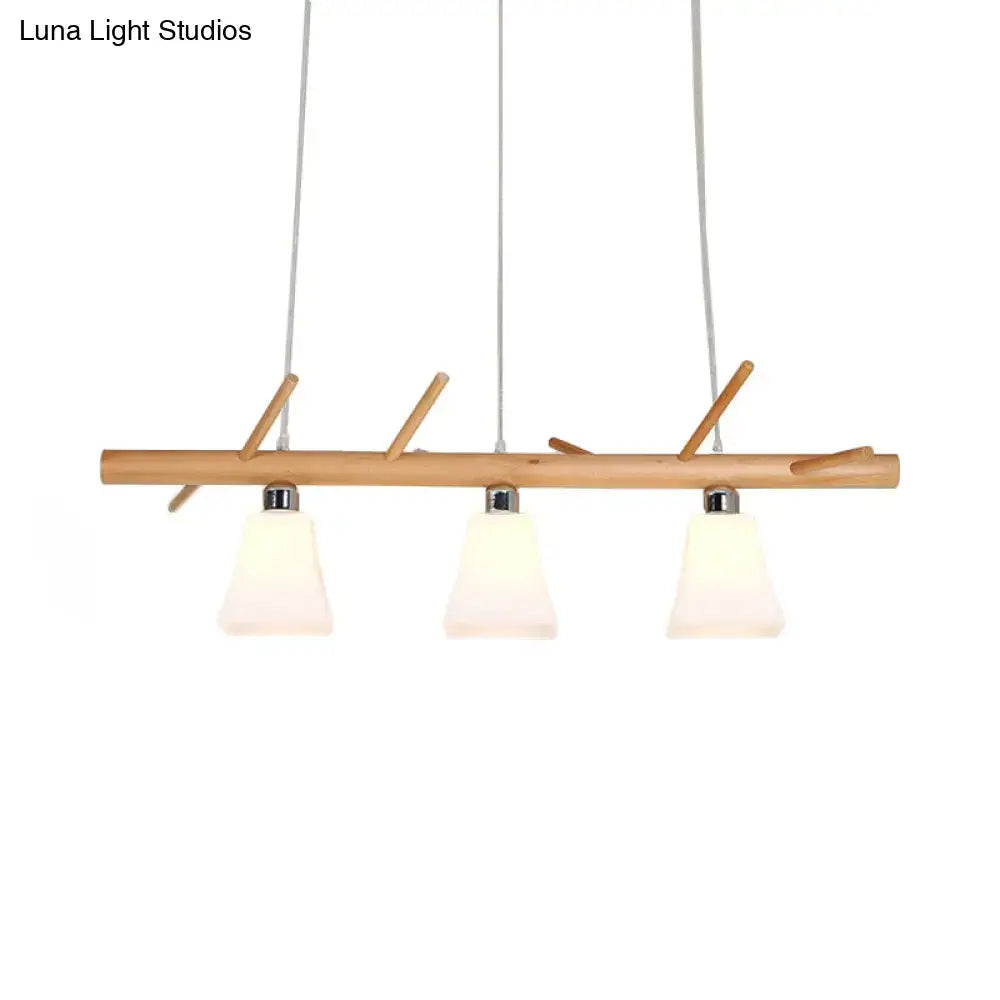 DecorBites™ modern opal glass chandelier light fixture with wood branch design and three frosted shades for island lighting