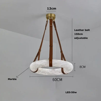 A modern opal glass ring marble chandelier with white marble ring, brown leather straps, and brass mount decorbites classic ring