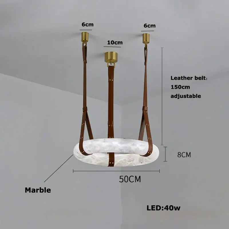 Modern opal glass ring marble chandelier featuring a white marble ring with brown leather straps and brass hardware decorbites classic ring