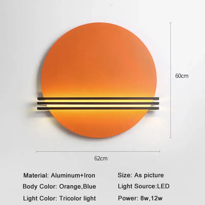 Modern orange and black circular wall lamp with sleek aluminum and iron frame and three horizontal tricolor led strips