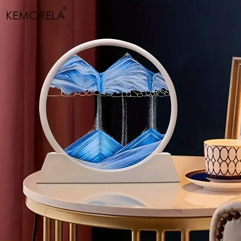Kemorela circular sand art picture with blue and white textured mountain landscapes in a white frame for living room decor
