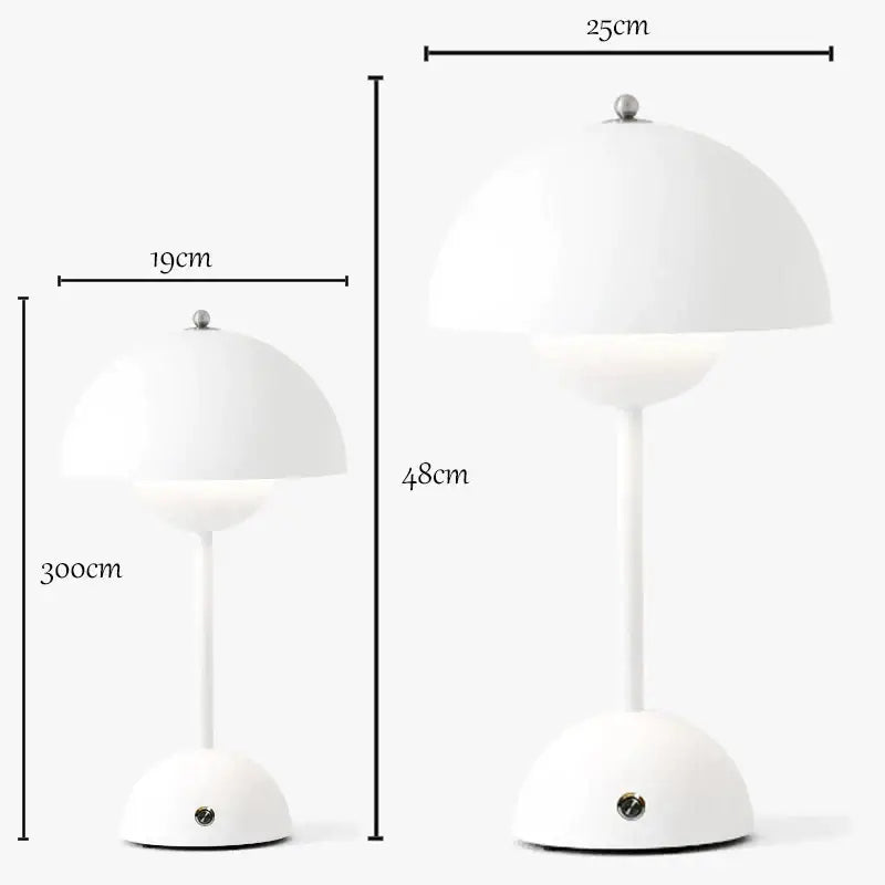 White mushroom-shaped metal desk lamp with sleek glossy finish from decorbites bud metal bedroom light collection