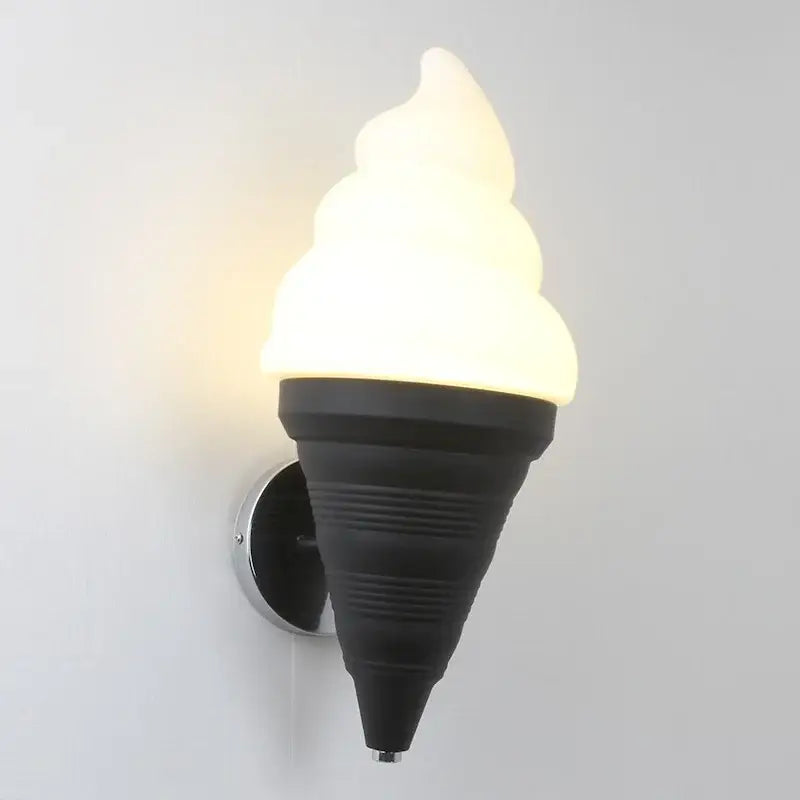 Modern black ice cream led wall sconce with glowing white soft serve top for kids bedroom decorbites ice cream light