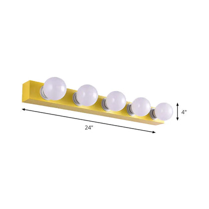 Modern orange and white vanity light fixture with five white spherical bulbs for bedroom use