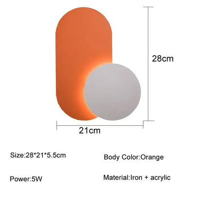 Modern orange and white decorbites led wall lights with sleek oval body and spherical accent for living room lighting