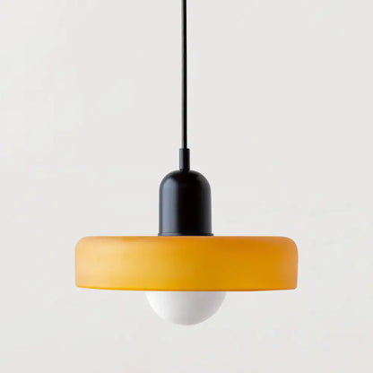 Modern orange and yellow glass led macaron ceiling chandelier with a matte black stem and frosted amber glass ring