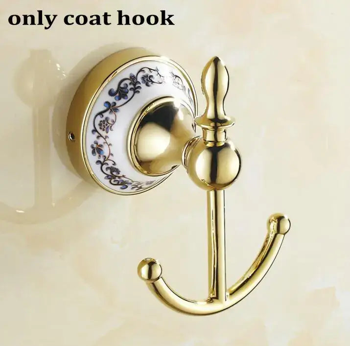 Modern ornate gold coat hook with blue floral ceramic backplate in white porcelain bath hardware set