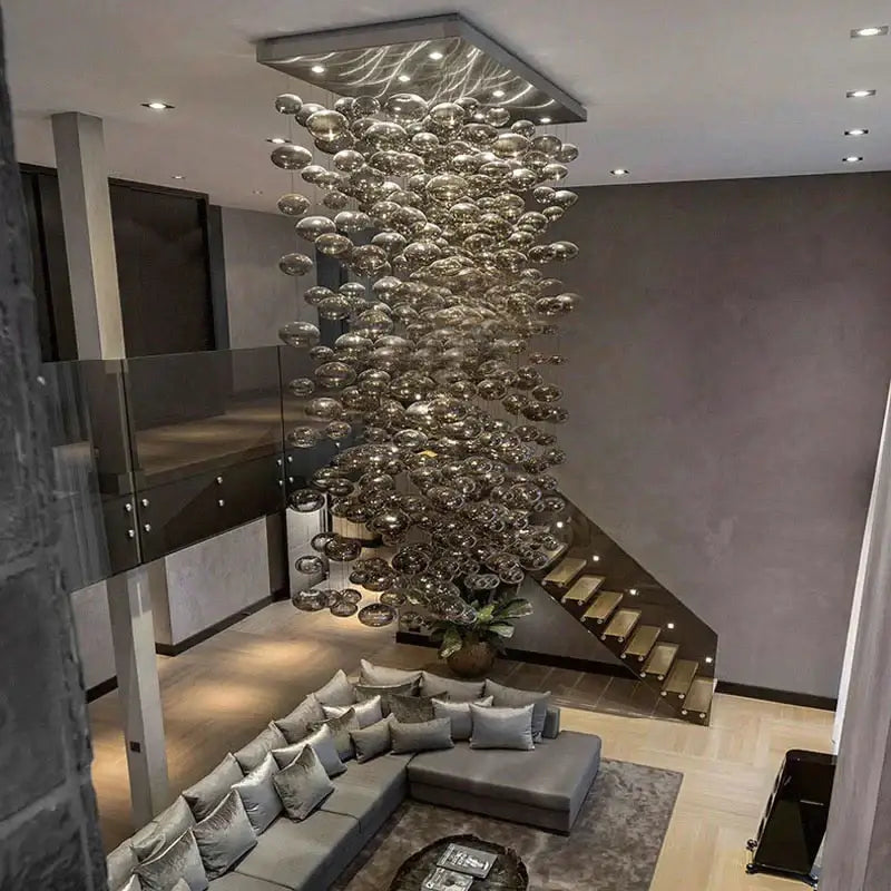 Decorbites™ modern oval bubble ball led chandelier with translucent silver glass orbs for dining room lighting fixtures