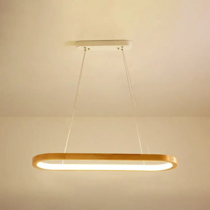 Modern oval wood led island pendant light with warm wood finish frame and glowing white led strip for living room
