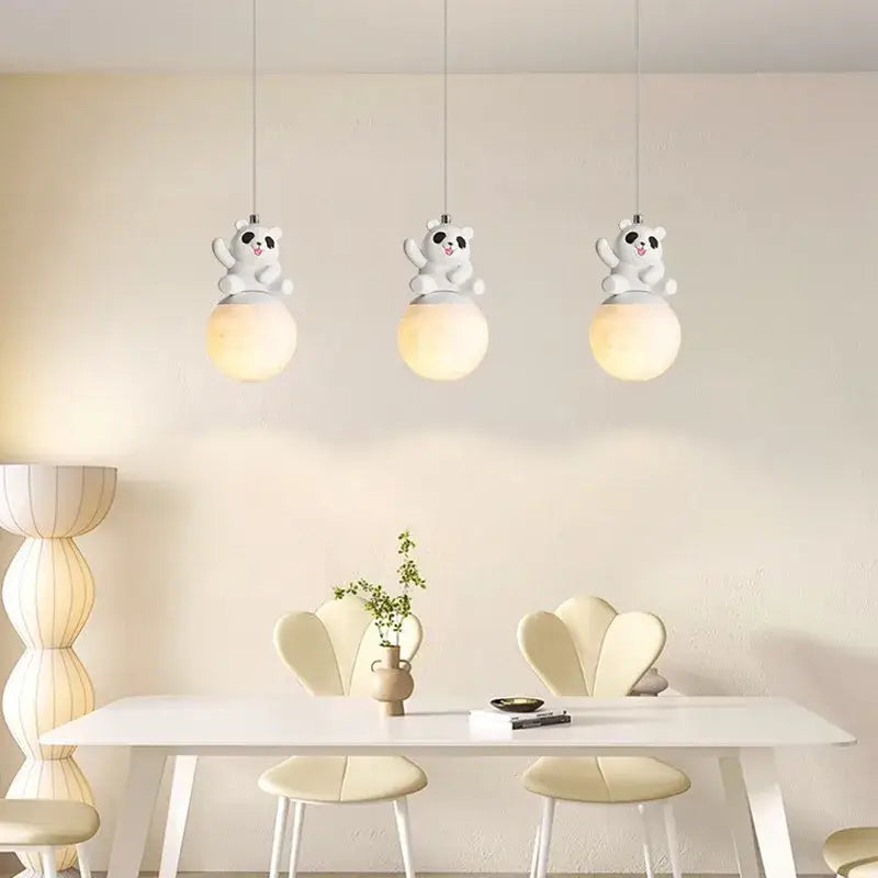 Modern panda bear bedroom wall lamp featuring three white glass pendant lights with bear decorbites bear bedroom design