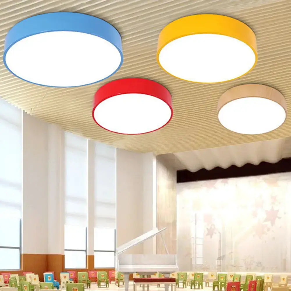 DecorBites acrylic round led flushmount ceiling light with blue yellow red and beige rims perfect light for kindergarten