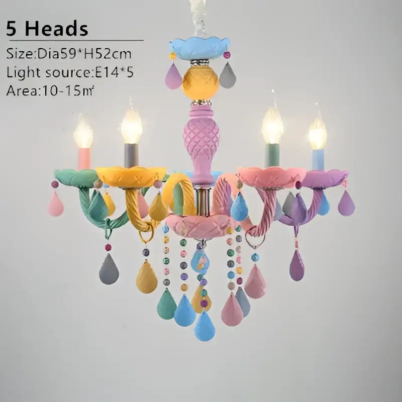Modern pastel decorbites crystal chandelier with five ornate arms and teardrop beads in soft pastel hues for bedroom luminaire