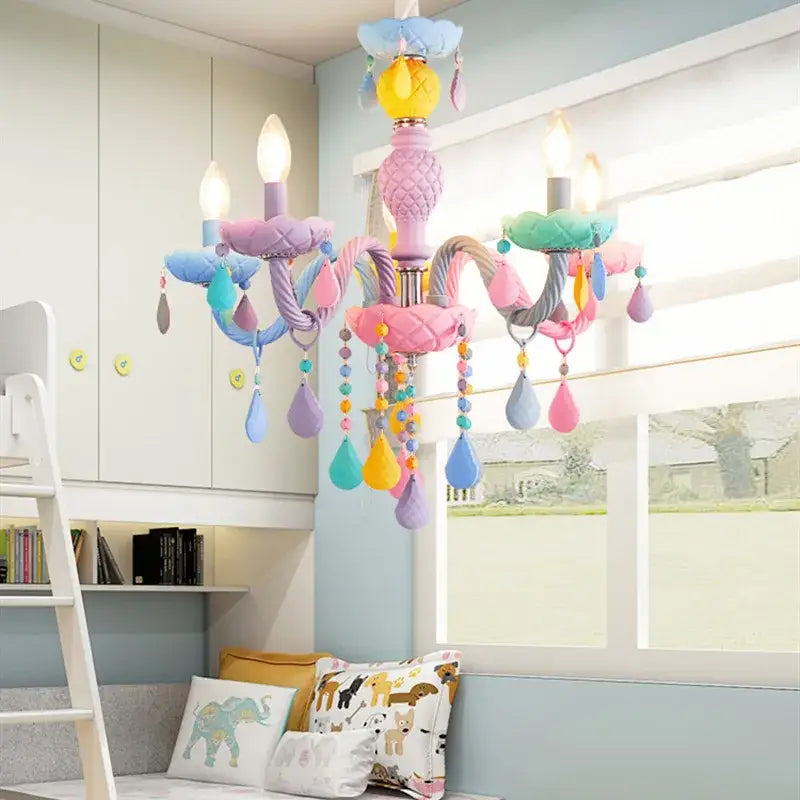 Modern pastel decorbites crystal chandelier with quilted arms and pastel teardrop beads for bedroom lighting