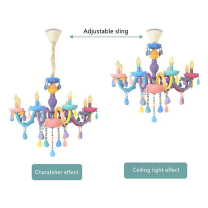 A modern pastel decorbites crystal chandelier with multi-armed pastel design and teardrop beads for children room