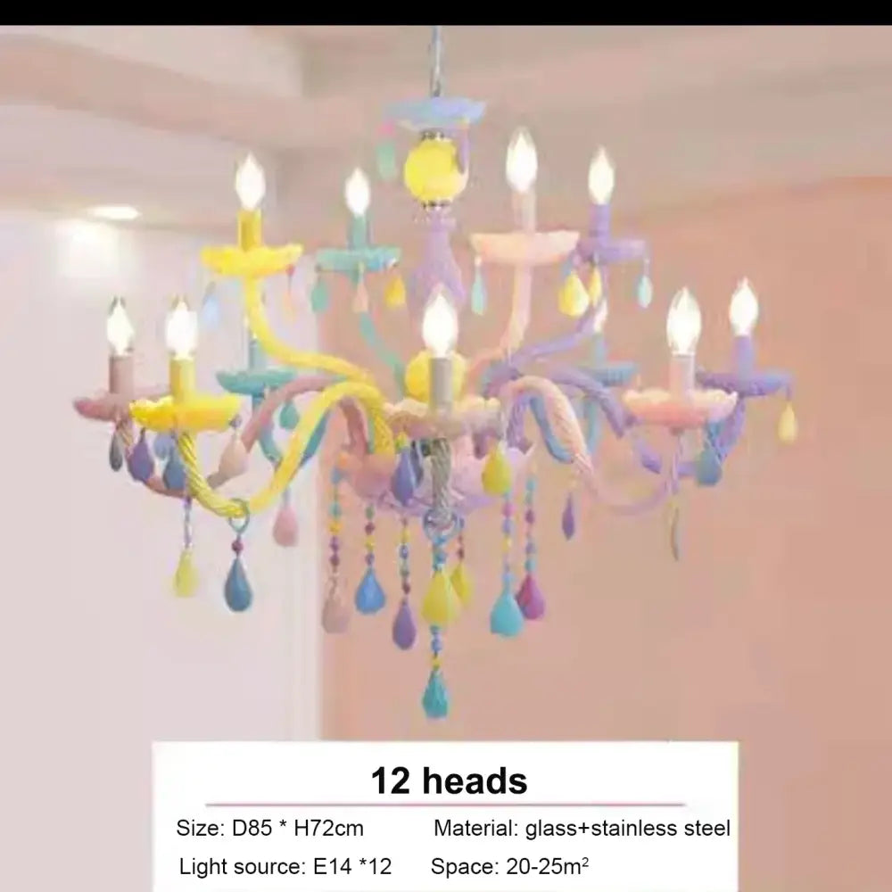 Modern pastel decorbites crystal chandelier with 12 candle lights and teardrop beads in soft colors for children room