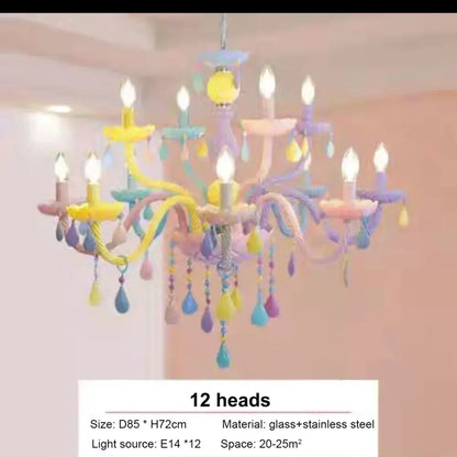 Modern pastel decorbites crystal chandelier with 12 candle lights and teardrop beads in soft colors for children room