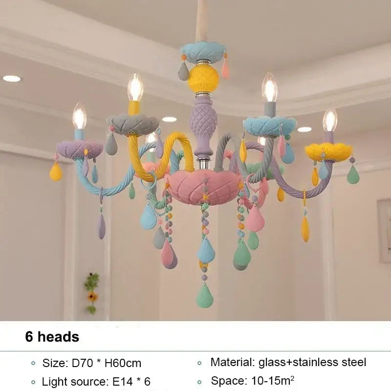 Modern pastel decorbites crystal chandelier with six candle-style arms and teardrop glass ornaments for children room
