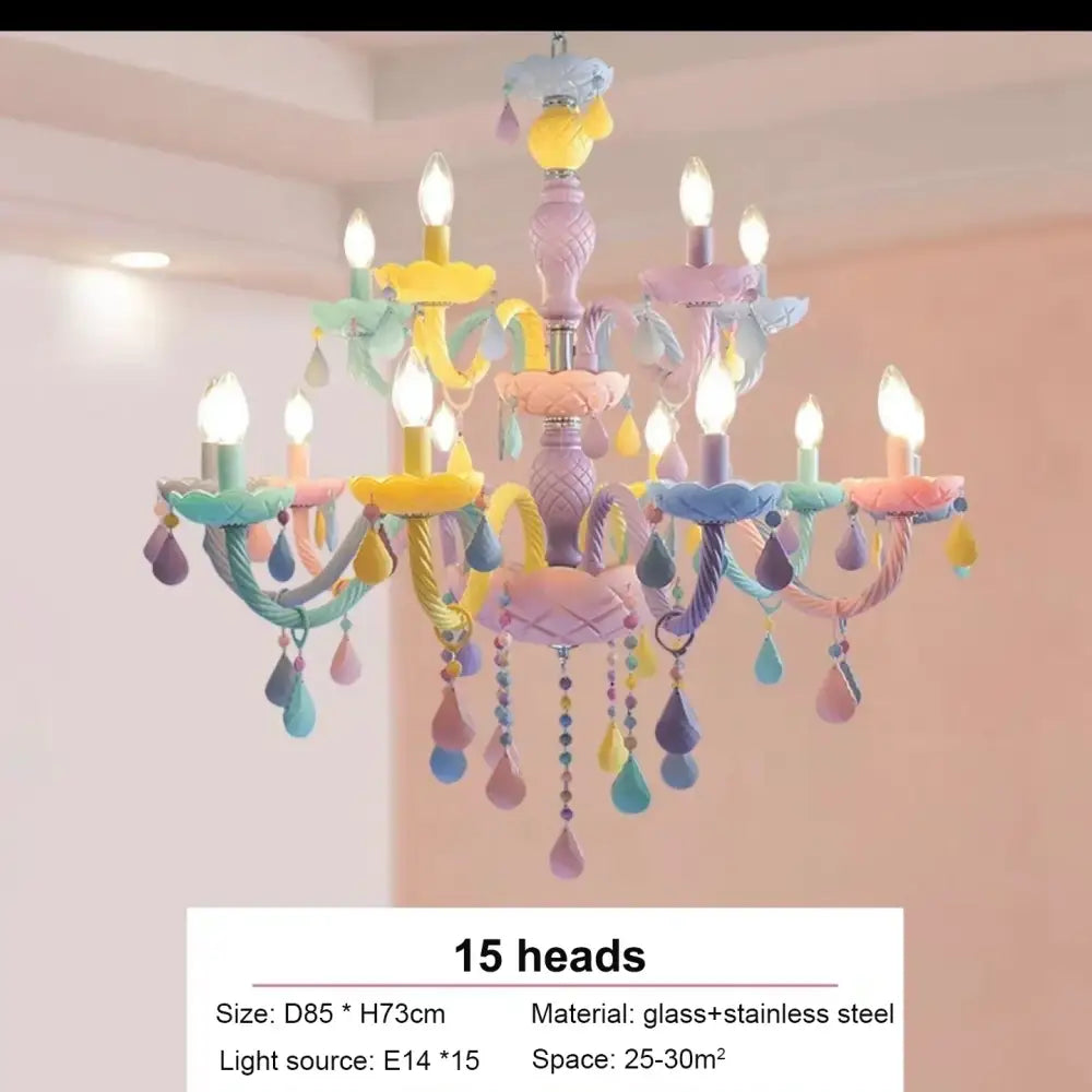Modern pastel decorbites crystal chandelier with 15 candle-style lights in glass and stainless steel for children room