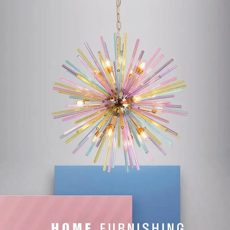 Modern pastel glass dandelion pendant lamp with gold-toned metal frame and chain decorbites dandelion chandelier