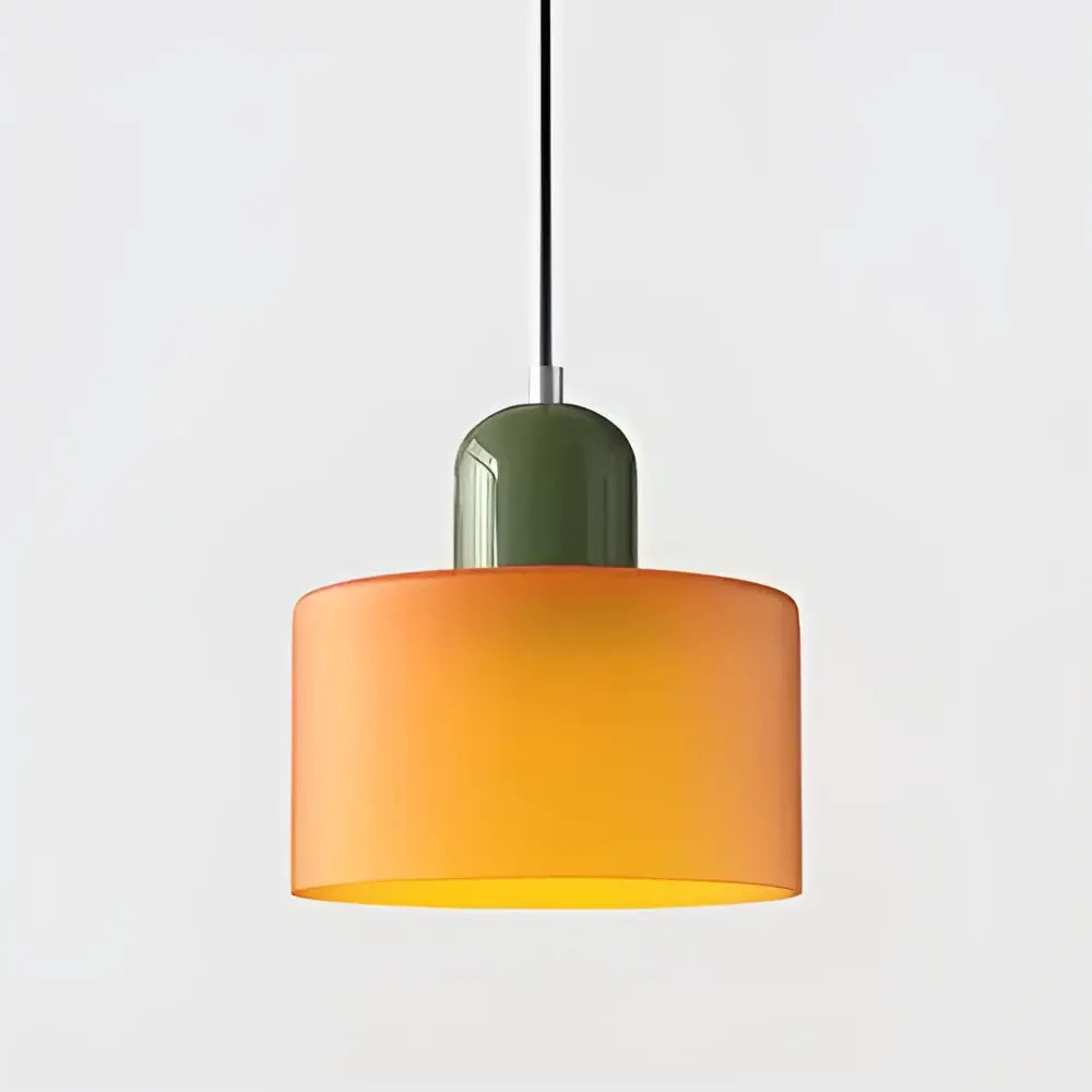 Modern pastel glass shade pendant light with orange frosted glass and dark green metallic top for kitchen dining room