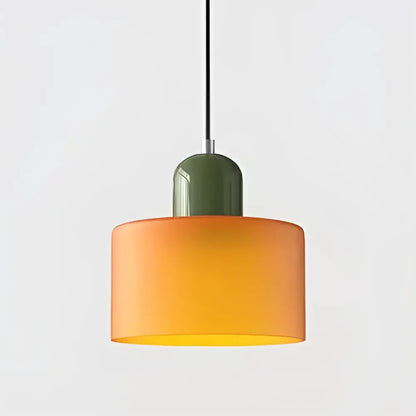 Modern pastel glass shade pendant light with orange frosted glass and dark green metallic top for kitchen dining room