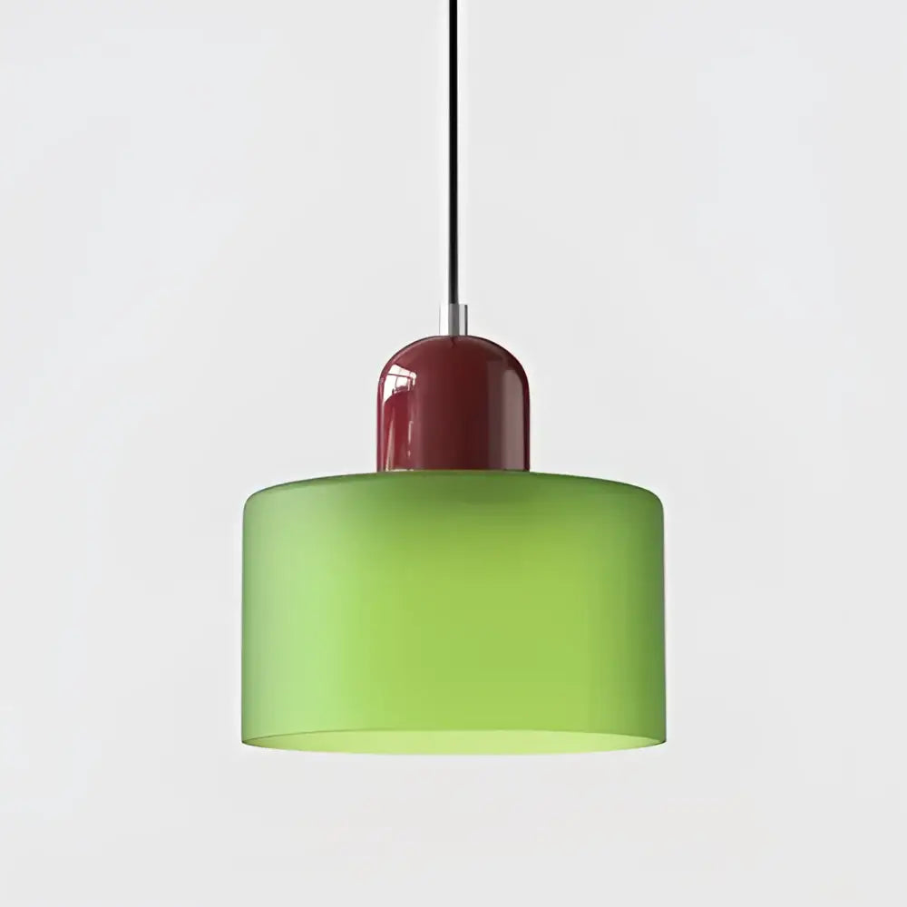 Modern pendant light with vibrant green frosted glass shade and glossy red metallic top for kitchen dining room use