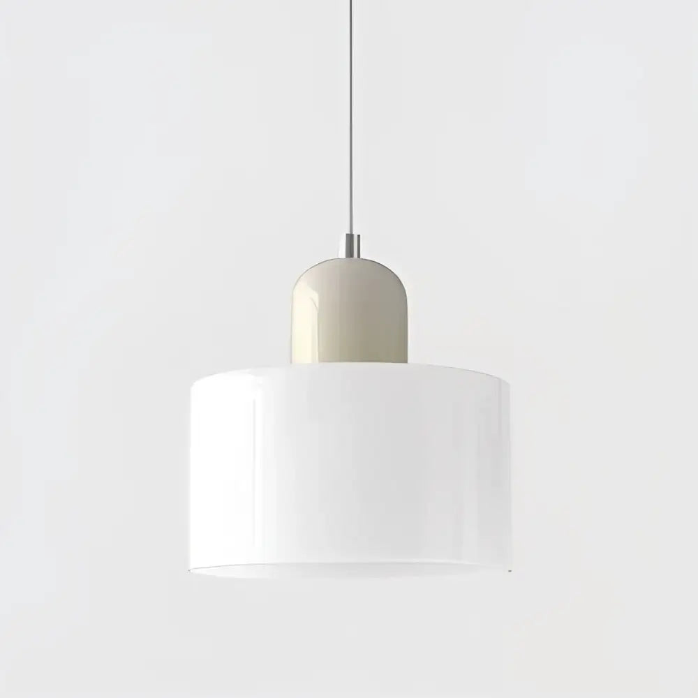 Minimalist pendant light with white glass shade and matte beige ceramic top suspended by metallic cord for kitchen dining room