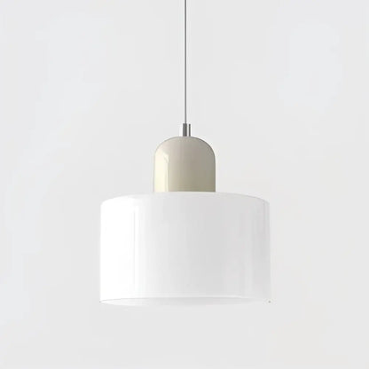 Minimalist pendant light with white glass shade and matte beige ceramic top suspended by metallic cord for kitchen dining room