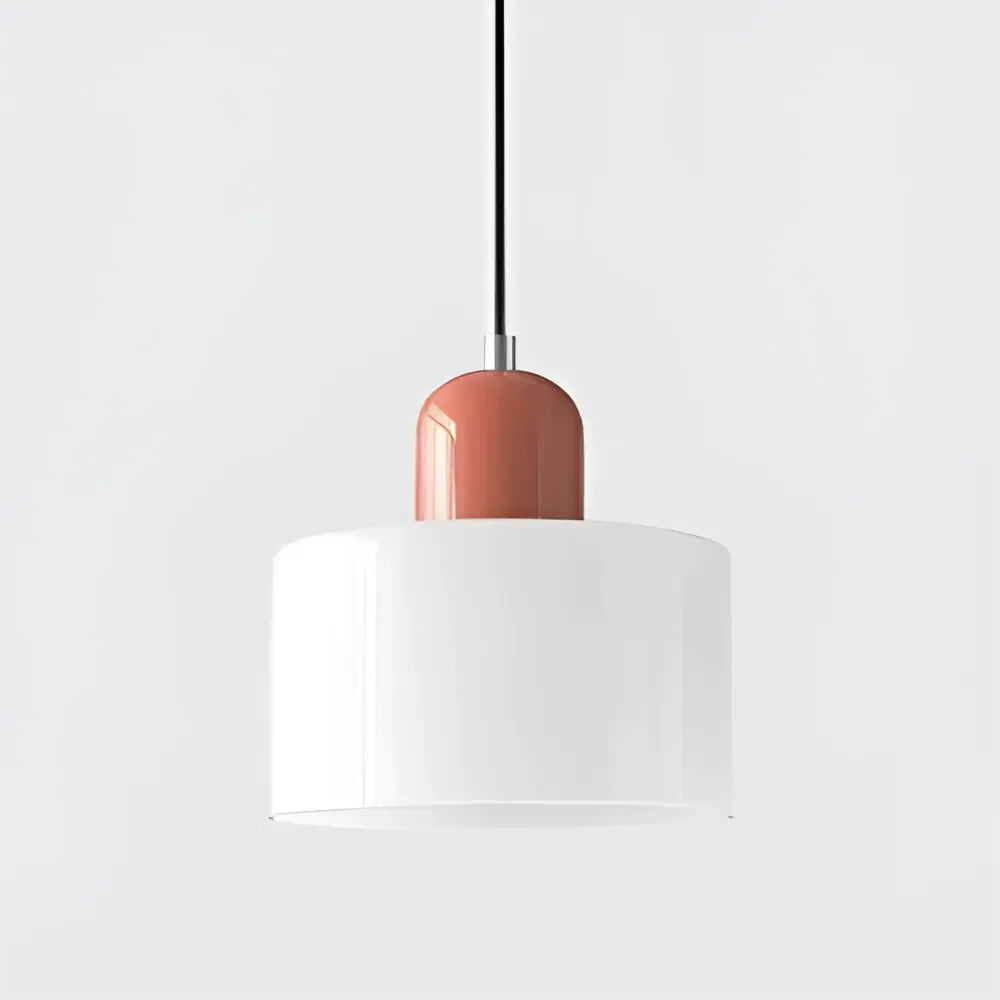 Minimalist pendant light with glossy terracotta cylindrical top and translucent white glass shade for kitchen dining room