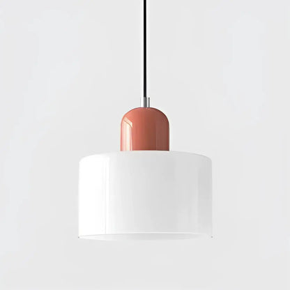 Minimalist pendant light with glossy terracotta cylindrical top and translucent white glass shade for kitchen dining room