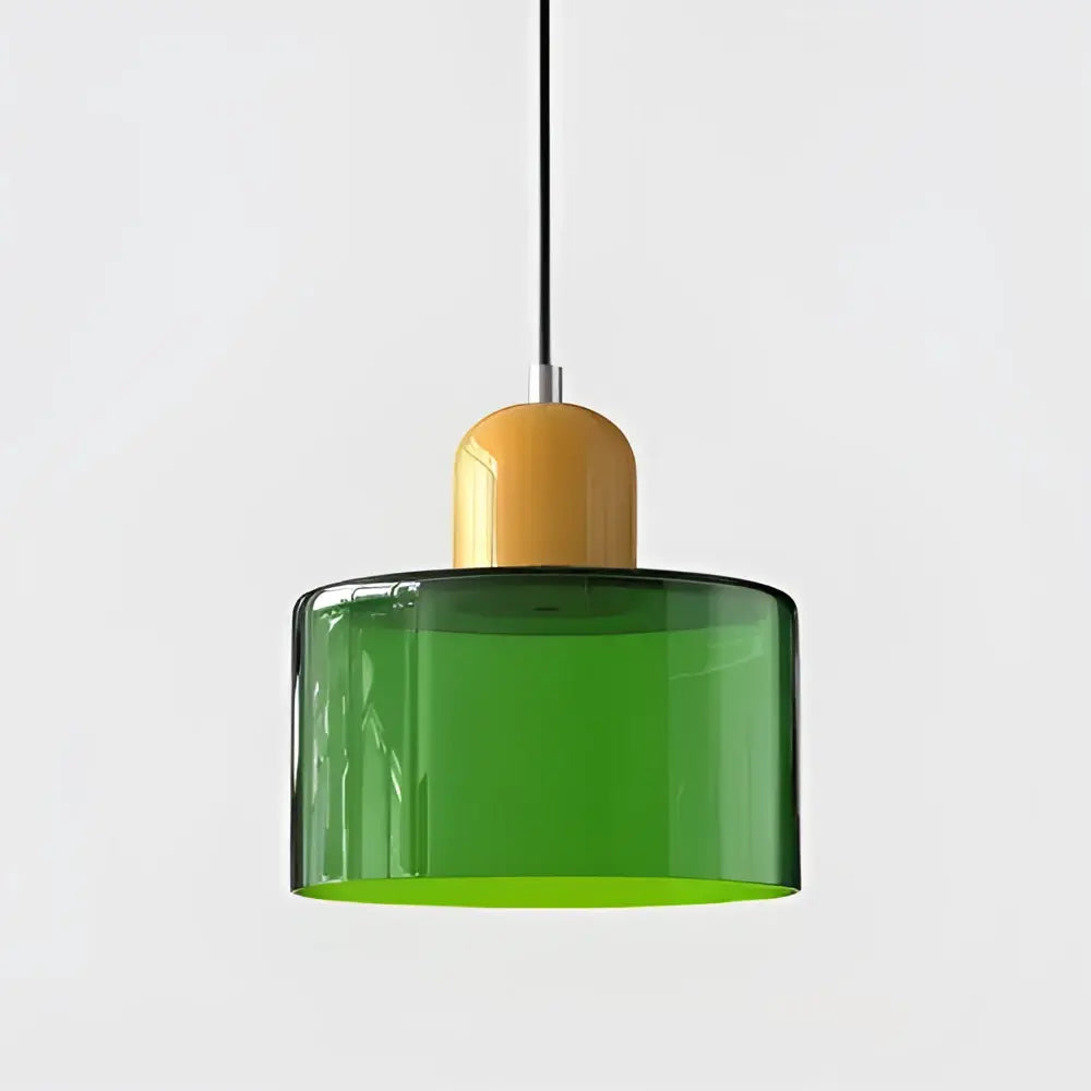 Modern pastel glass shade pendant light with green stained glass and yellow wooden top for kitchen and dining room