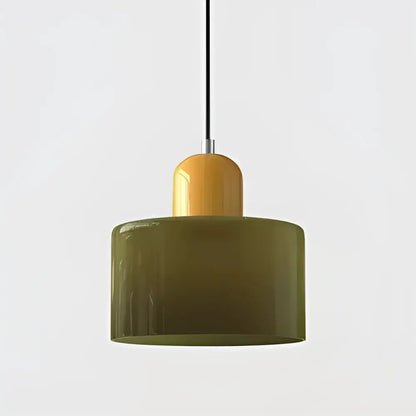 Modern pastel olive-green glass shade pendant light with warm amber accent for kitchen and dining room use