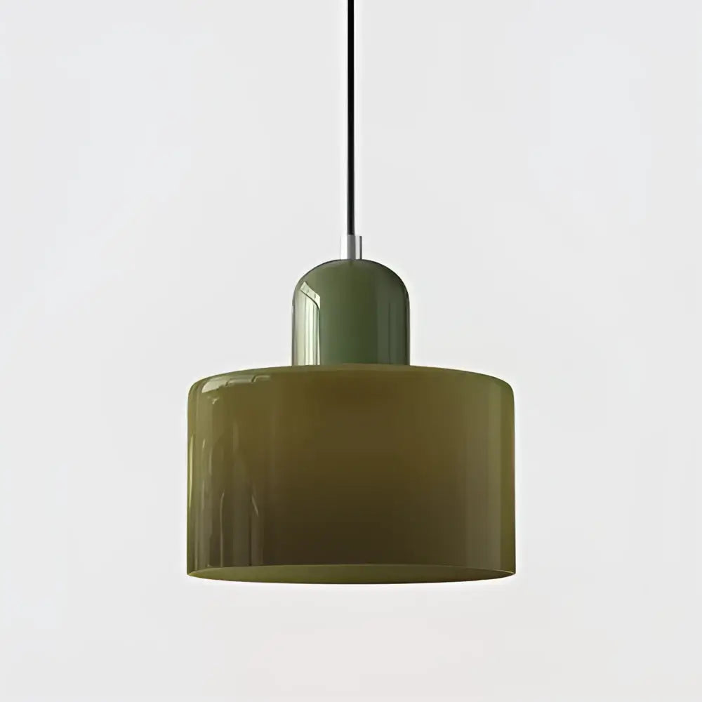 Olive-green glass shade pendant light with sleek cylindrical design and metallic suspension for kitchen dining room